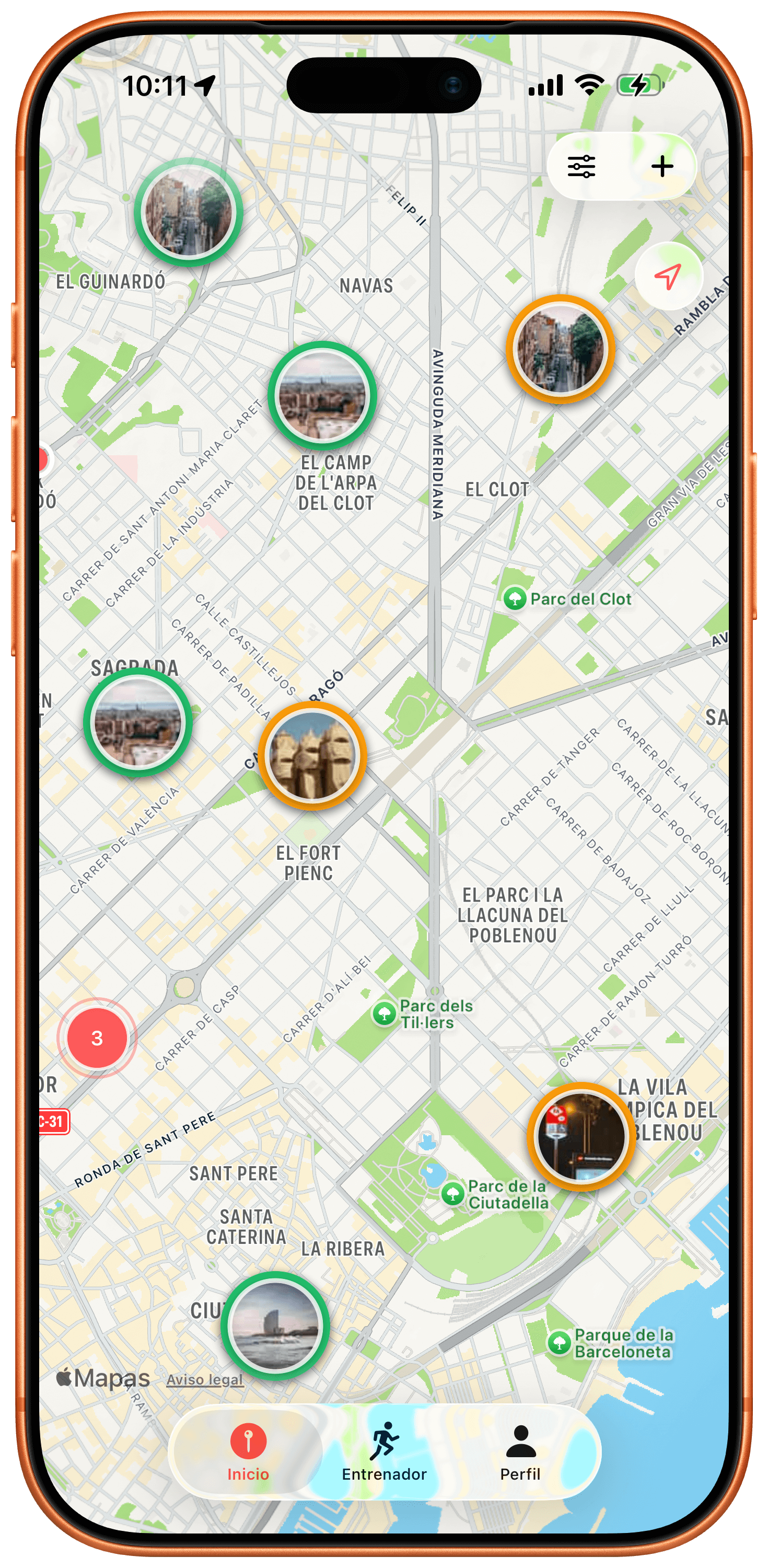 Mapa de SnapRace con agrupaciones por ciudad