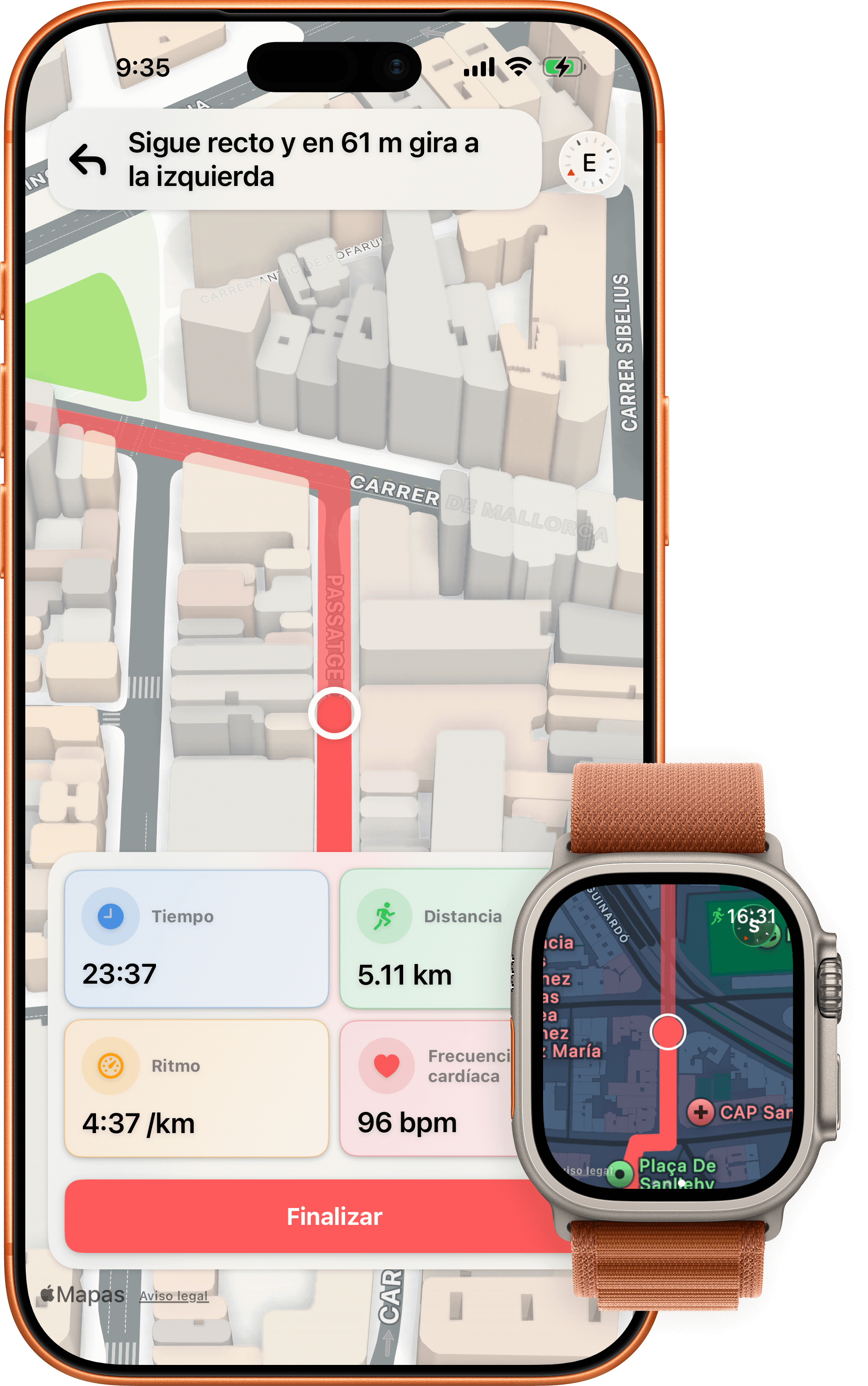 Mockup de SnapRace en iPhone y Apple Watch